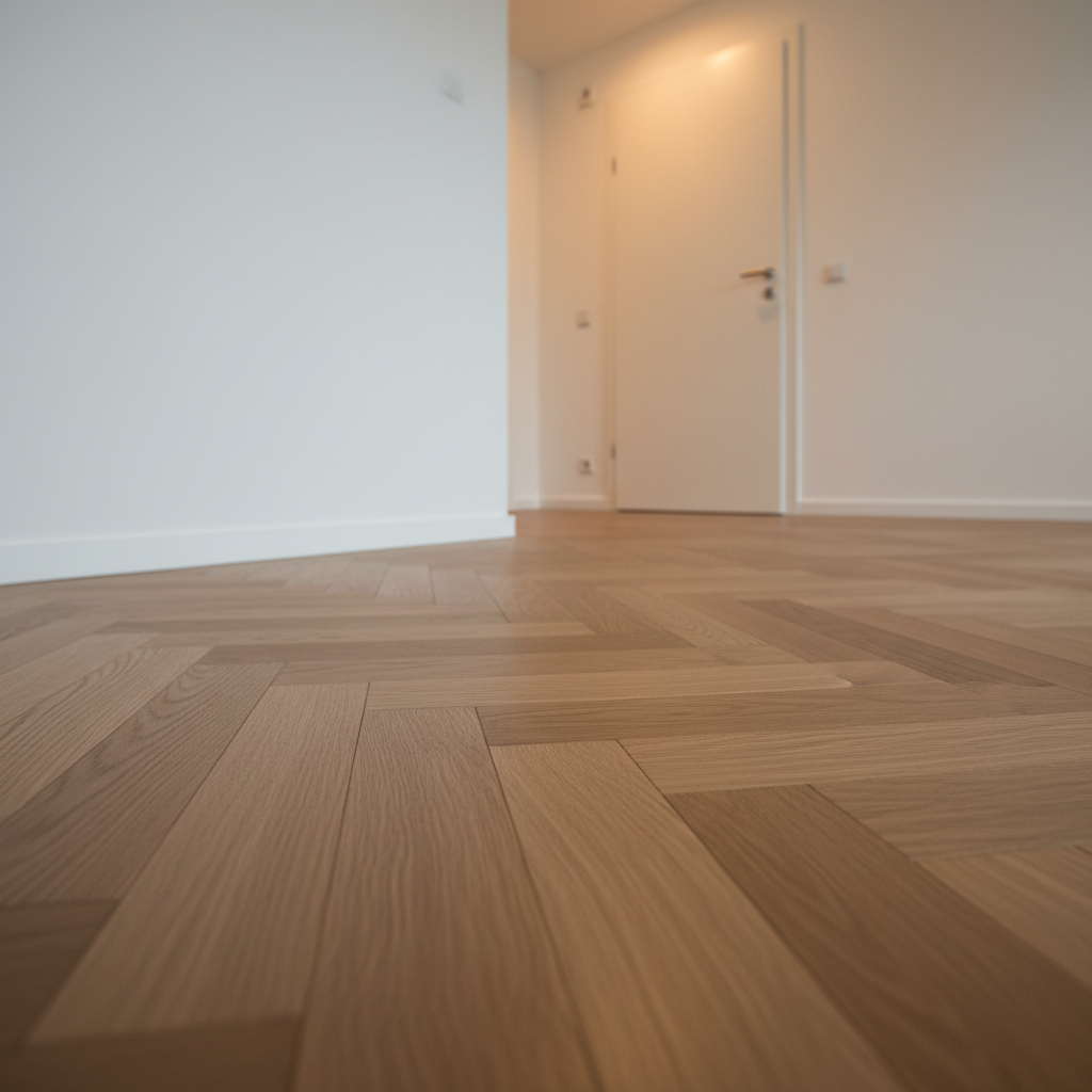 A close-up of a high-quality parquet floor installation in a renovated living space, featuring medium-toned oak planks with subtle natural grain and a matte finish. Each board is perfectly aligned, with tight joints and precise transitions to a sleek white wall and minimalist skirting board. In the background, slightly out of focus, a modern interior door with a smooth panel and refined handle stands closed, demonstrating expert door mounting. Warm, indirect artificial lighting from a ceiling fixture bathes the scene, adding soft highlights to the wood texture and gentle shadows where floor meets wall. Shot from a low, angled perspective to accentuate depth and craftsmanship, in a crisp, professional photographic style that communicates quality and attention to detail.
