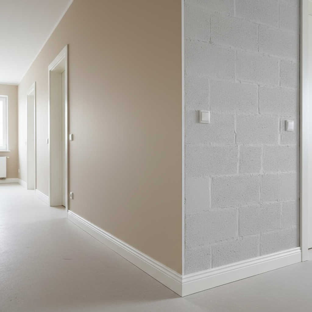 An apartment interior corridor with one wall fully covered by an expertly installed internal thermal insulation system, finished with smooth plaster and elegant neutral-toned paint. The insulated wall meets a traditional masonry wall at a perfectly straight joint, highlighting energy-efficient renovation work. A neatly framed doorway and baseboards in white wood run along the corridor, all impeccably aligned. Soft overcast daylight enters from a distant window, creating a calm, even illumination that reveals the flawless surface textures. Captured from a low, slightly angled perspective, the image uses leading lines to draw the eye along the corridor, conveying a sense of technical precision, comfort, and professionalism in a clean, photographic realism style.