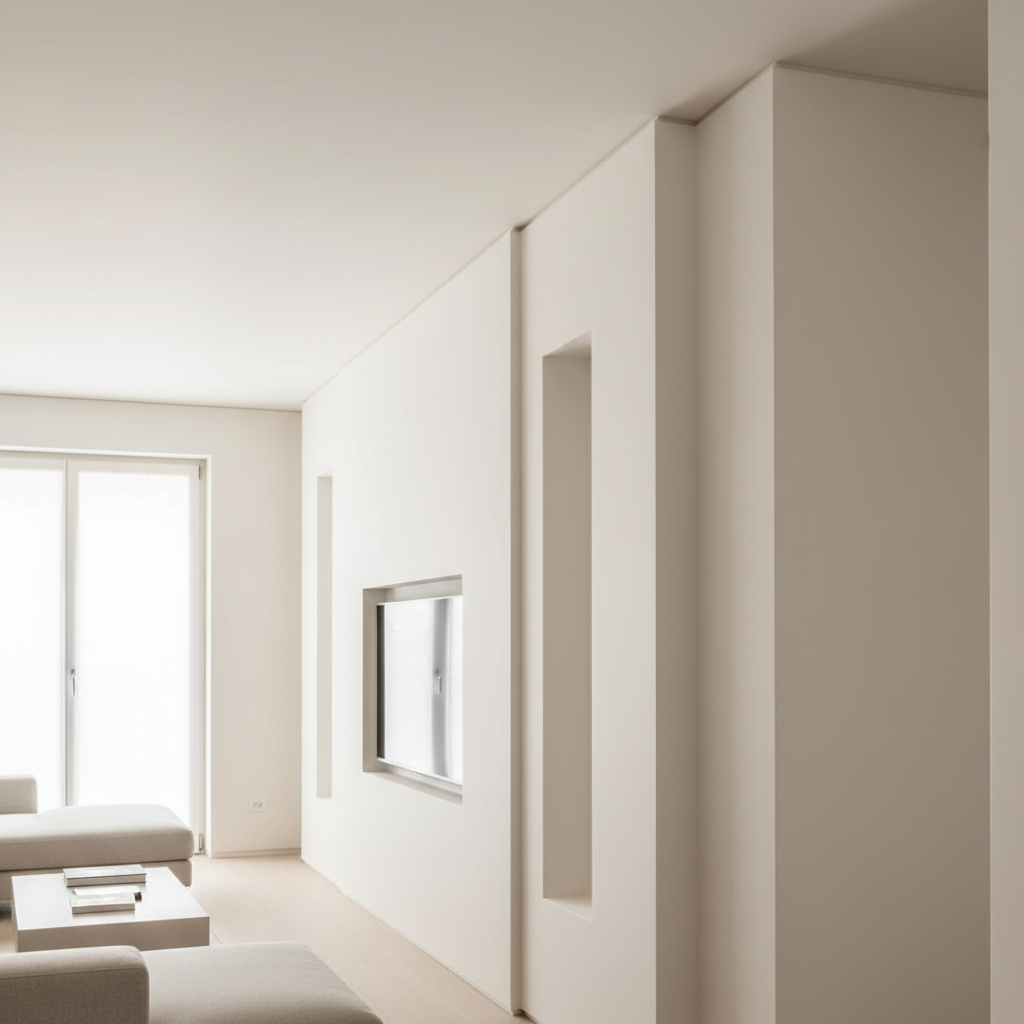 A freshly renovated modern living room showcasing flawless white drywall partitions and a perfectly smooth suspended ceiling in pristine cartongesso. Clean lines frame recessed niches and a seamless built-in TV wall, all painted in a soft warm white with sharp, crisp edges. The room is bathed in diffused natural daylight from a large unseen window, creating gentle shadows that emphasize the precision of the finishes. Minimal contemporary furniture appears softly blurred in the background. Photographed at eye level with sharp focus on the wall and ceiling details, the composition feels clean, professional, and trustworthy, in a realistic photographic style ideal for a premium renovation company’s homepage hero image.