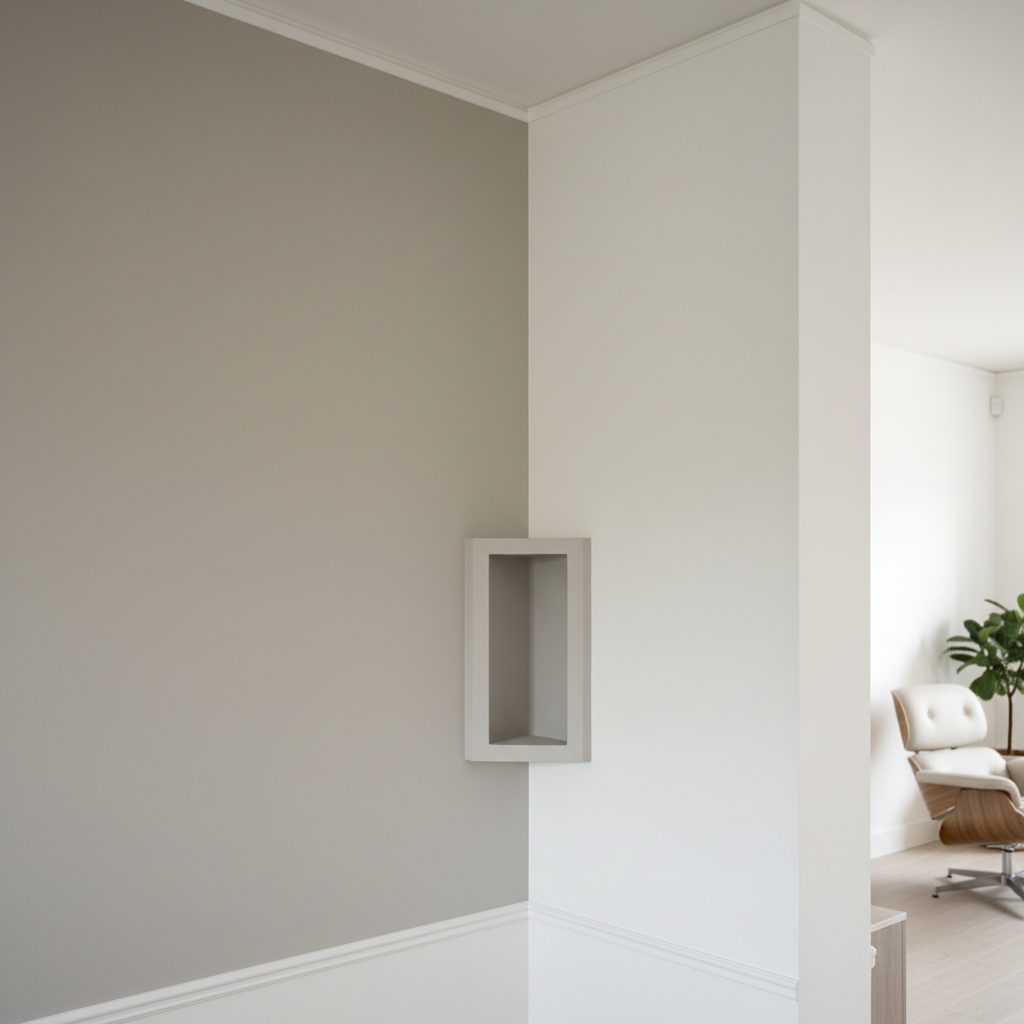 A detailed view of a freshly painted interior wall corner, where two tones seamlessly meet in a sophisticated, modern color scheme: a warm light gray accent wall intersecting with a crisp white adjoining wall. The paint finish is perfectly uniform, with razor-sharp masking lines along the ceiling and at the baseboard. Nearby, a small section of decorative cartongesso shelving emerges from the wall, its edges clean and precise, demonstrating refined rifiniture work. Soft, indirect daylight from a nearby window creates a gentle gradient across the surfaces, emphasizing smoothness. Captured at eye level with a shallow depth of field that keeps the corner and edges in sharp focus while subtly blurring the background, the photographic realism conveys meticulous craftsmanship and a professional aesthetic.