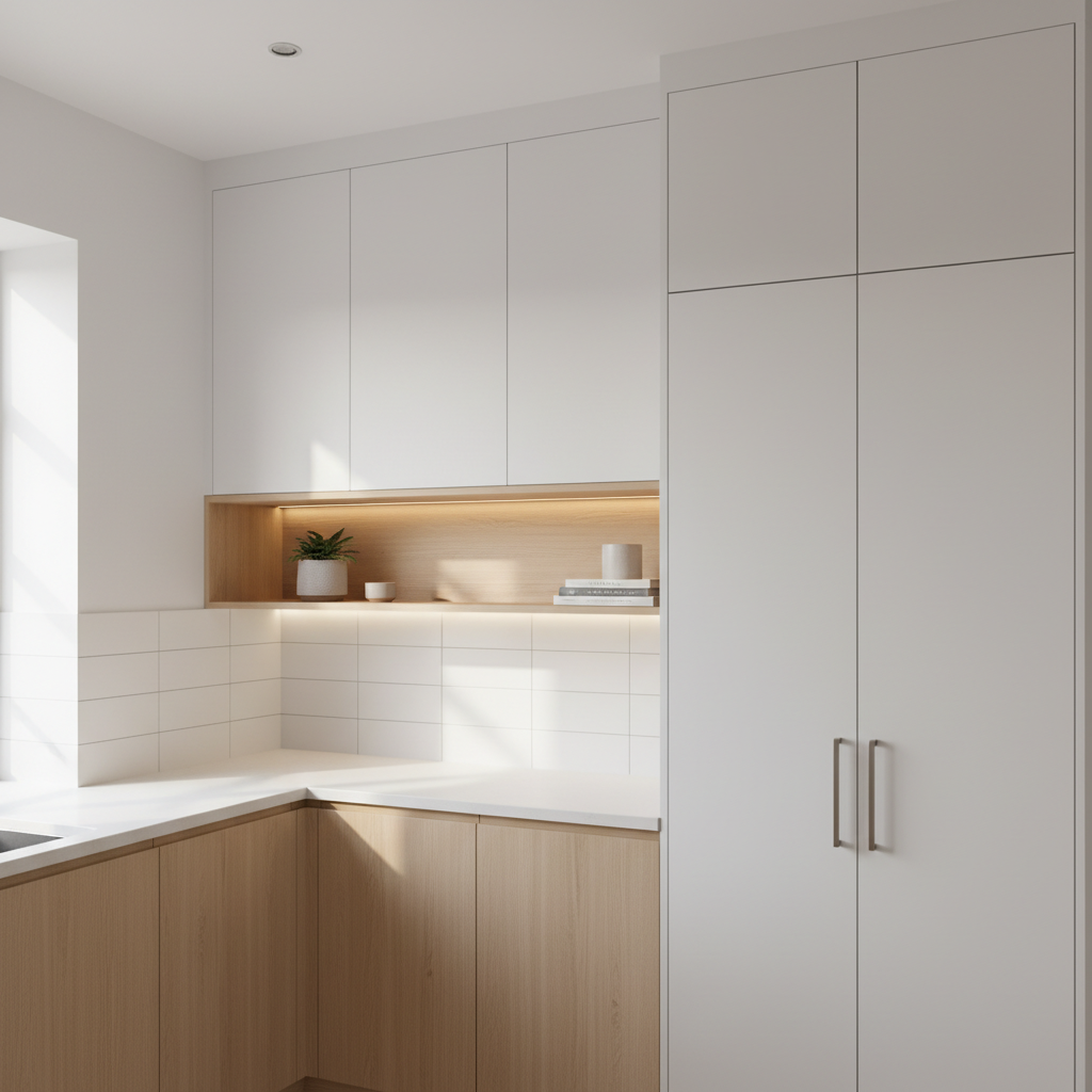A bright, newly refurbished kitchen corner where custom-fitted cabinets and shelving have been perfectly mounted against flawlessly painted cartongesso walls. Matte white wall units and light wood lower cabinets align seamlessly, with precise joints around an integrated niche and backsplash. On the right, a built-in closet with smooth doors showcases exact spacing and hardware alignment, illustrating expert furniture and arredi installation. Natural mid-morning light streams in from an off-frame window, casting soft, linear shadows that highlight the geometry of the joinery. Photographed from a slightly elevated angle with sharp focus throughout, the composition feels organized, modern, and reliable, in a realistic photographic style ideal for presenting high-end interior assembly and rifiniture services.