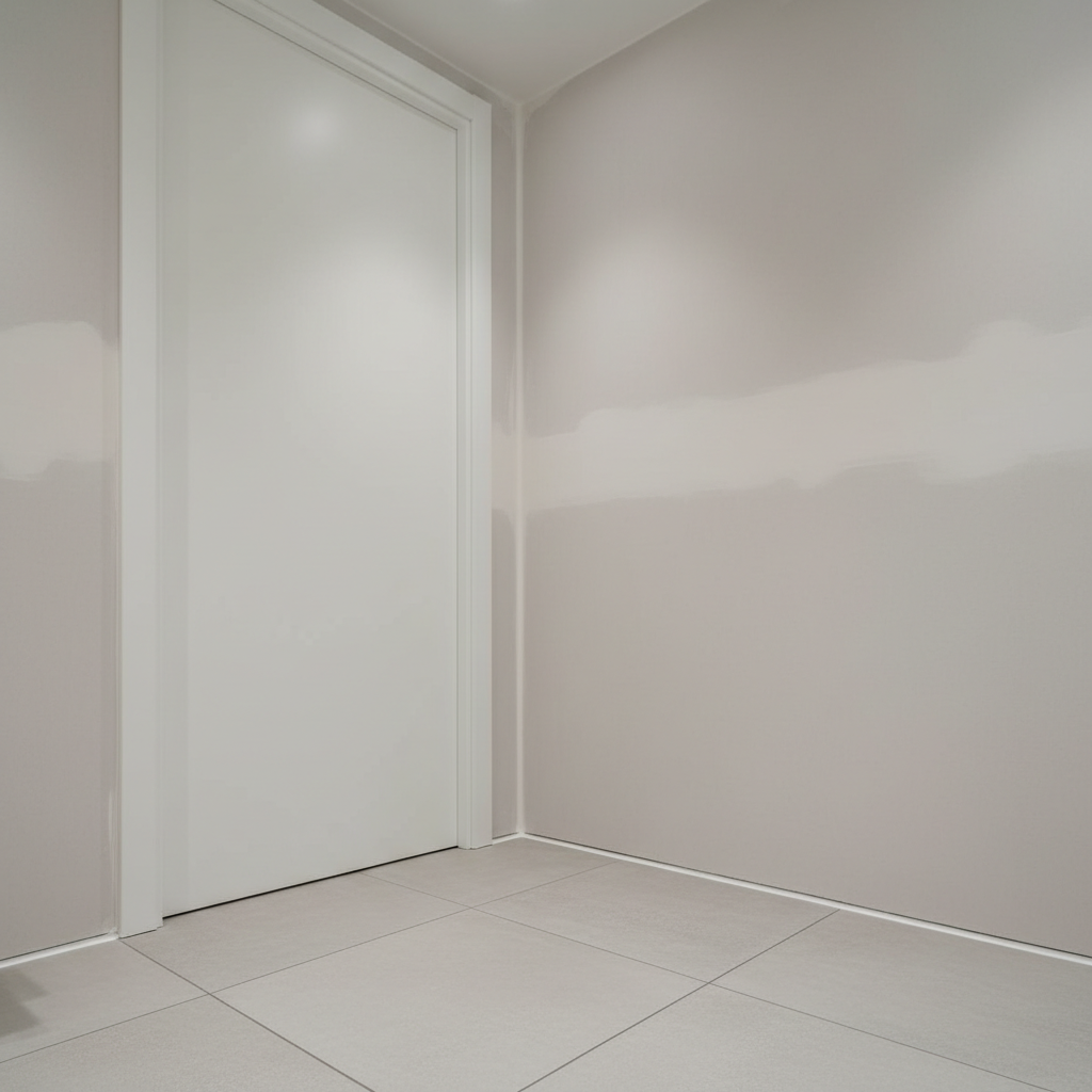A small, efficiently renovated bathroom corner showcasing compact but precise interior work: a perfectly aligned door in smooth white finish, neatly framed by freshly plastered and painted cartongesso walls, meeting a section of carefully laid ceramic floor tiles. The junctions between wall, door frame, and floor are impeccably sealed and straight, illustrating attention to piccoli lavori edili. Cool neutral artificial lighting from a ceiling spot casts soft, controlled shadows that define the clean edges without harsh contrasts. Shot from a low, three-quarter angle, the composition emphasizes the detail of the finishes and the harmony of materials. The photographic style is clean and realistic, communicating reliability and thoroughness in even the smallest renovation tasks.